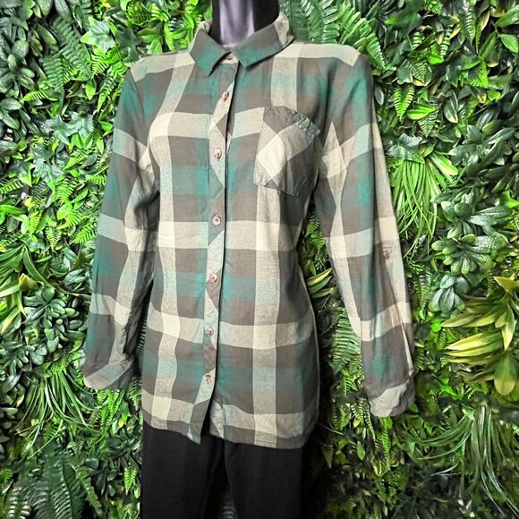 Isaac Mizrahi Live Tops Women 6‎ Green Button Shirt Blouse Collared Plaid 0534 - Picture 5 of 13